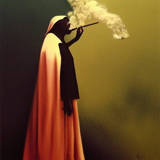 Image similar to a young black nun smoking and puffing lots of smoke, minimalistic background, by Beksinski