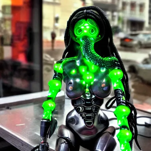 Image similar to real life terminator gorgon medusa with borg implants and robotic snakes coming out of her head sitting at a cafe having a cup of coffee. Tiny green led lights in her cybernetics. very detailed 8k