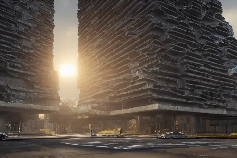 Image similar to streetscape, a towering cathedral of brutalist architecture, buildings covered with greebles, stunning volumetric light, sunset, metal, concrete and translucent material, stunning skies, majestic landscape, trending on Artstation, 8k, photorealistic, hyper detailed, unreal engine 5, IMAX quality, cinematic, epic lighting, in the style of Greg Rutkowski