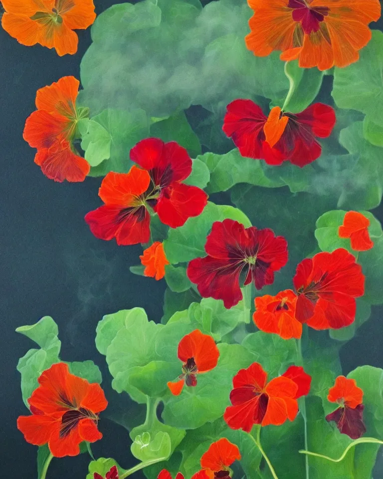 Image similar to fine painting of nasturtium and colourful smoke and dark flames.