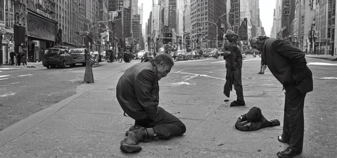 Image similar to man, begging for forgiveness, streets of New York, photo, realistic