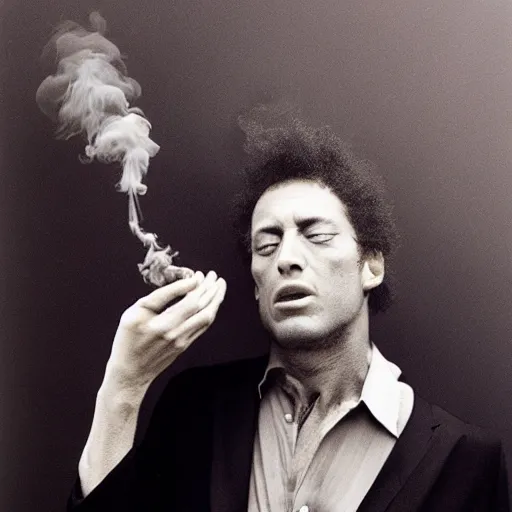 Image similar to annie liebovitz photo of a man with a puff of smoke instead of his head