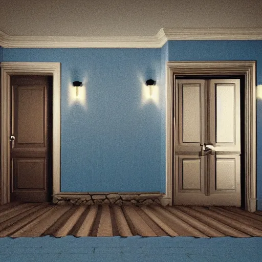 Image similar to dark nostalgic empty house at night with stairs in the middle and doors on either side, one door is closed and the door on the right is open to a blue bathroom, tan carpet