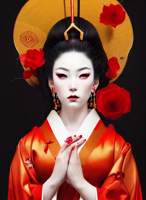 Image similar to dreamlike luxury stunning oiran portrait, red and gold kimono, art by artgerm, wlop, loish, ilya kuvshinov, 8 k realistic, hyperdetailed, beautiful lighting, detailed background, depth of field, symmetrical face, frostbite 3 engine, cryengine,