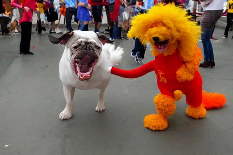 Prompt: dog dancing with ronald mcdonald