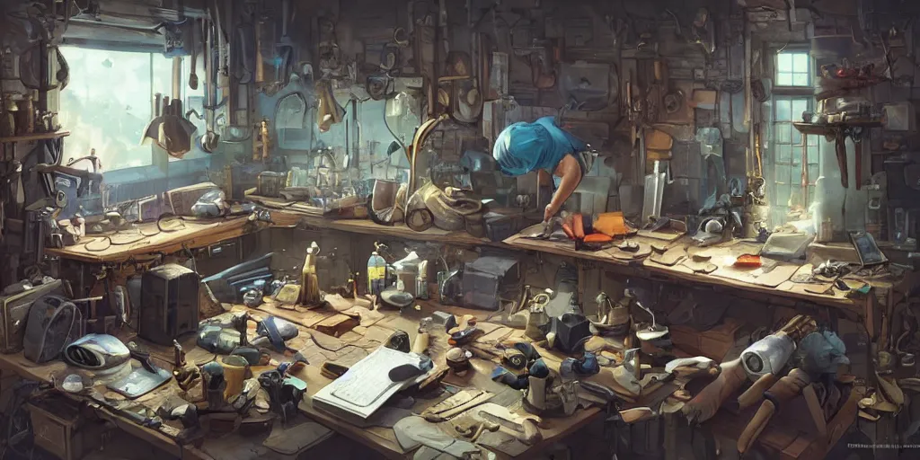 Prompt: A strong mechanic tinkers over gadgets on a table inside his workshop, in the style of Arcane, Greg Rutkowski and Studio Ghibli