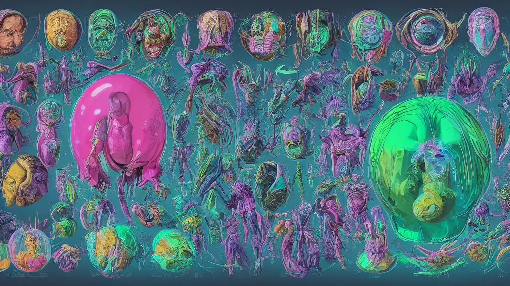 Image similar to colorful and vivid character sheet for an extraterrestrial with large bulbous head, religious robes, retrofuture, high contrast, wayne barlow, ernst haeckel, fantastic planet, moebius, valerian, coherent, illustration, digital art, trending on artstation, hd, 8 k, good lighting, beautiful, rough paper, masterpiece