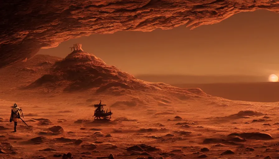 Image similar to shot of pirates of the caribbean on the surface of Mars 4k quality landscape cinematic wide scene still image concept realistic MOVIE