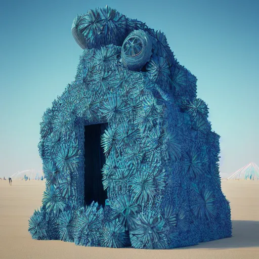 Prompt: highly detailed 3d render of burning man festival sculpture with cornflowers by Beeple