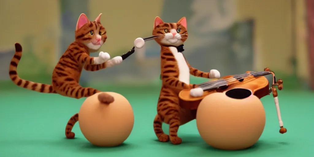 Prompt: a cat playing the fiddle while dancing on its hind legs on top of a round ball of Swiss cheese, in the style of claymation