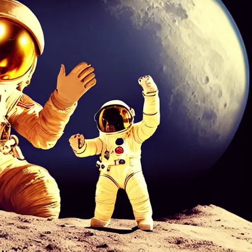 Image similar to a bunny!! astronaut! in a golden spacesuit standing on the moon. zeiss lens, 5 0 mm, dynamic pose, action pose