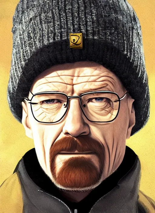 Prompt: walter white wearing a black supreme puffer jacket and a beanie and a golden necklace, elegant, digital painting, concept art, smooth, sharp focus, illustration, from starcraft by ruan jia and mandy jurgens and artgerm and william - adolphe bouguerea