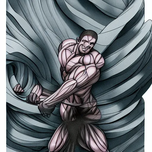 Image similar to a crawling mountain of muscles, highly detailed, anime, pale colors, award winning pictures, by studio mappa, by studio wit