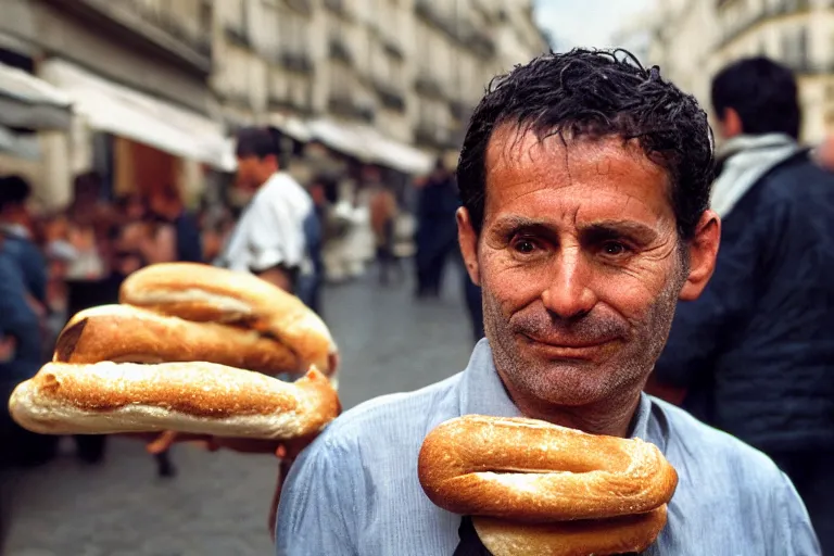 Image similar to closeup potrait of a man carrying baguettes over his head during a scorching fire in Paris, photograph, natural light, sharp, detailed face, magazine, press, photo, Steve McCurry, David Lazar, Canon, Nikon, focus