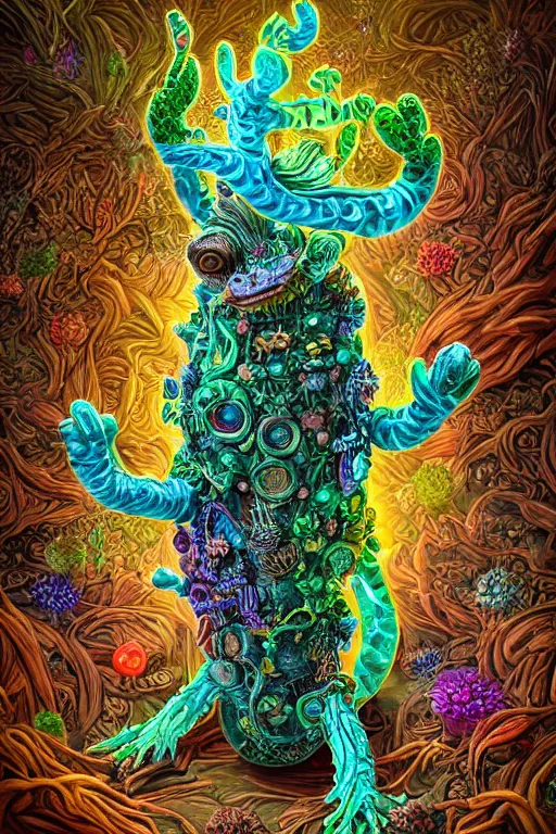 Image similar to creature sushi roots cactus elemental flush of force nature micro world fluo light deepdream a wild amazing steampunk baroque ancient alien creature, intricate detail, colorful digital painting radiating a glowing aura global illumination ray tracing