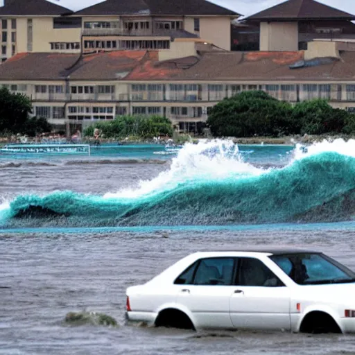 Image similar to a photo of a tsunami sweeping away buildings and early 2 0 0 0 s and 1 9 9 0 s cars as well as 1 9 7 0 s and 5 0 s cars and debris is in the water, water is unnaturally clear and teal.