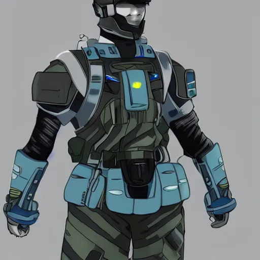 Prompt: a futuristic soldier captain with a ballistic visor and a blue shoulderpad in anime style