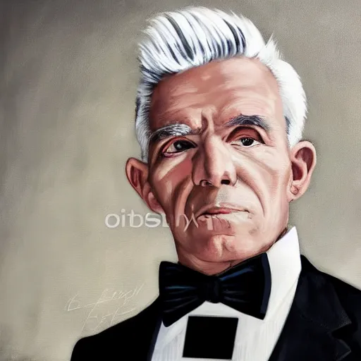 Image similar to 8 0 year old black suit white shirt, black bowtie, white haired man, determined, fearless, sharp looking portrait, oil painting