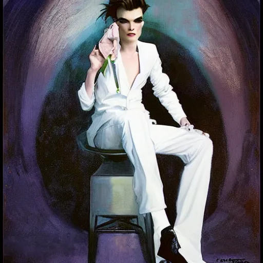 Prompt: beautiful portrait of androgynous ruby rose as desire from sandman in a white tuxedo!!!, rockabilly style,, by alphonse mucha, by jeremy mann, by peter lindbergh, dave mckean, by frank moth, by cedric peyravernay, white suit and black tie, soft lightning, high detailed, 8 k