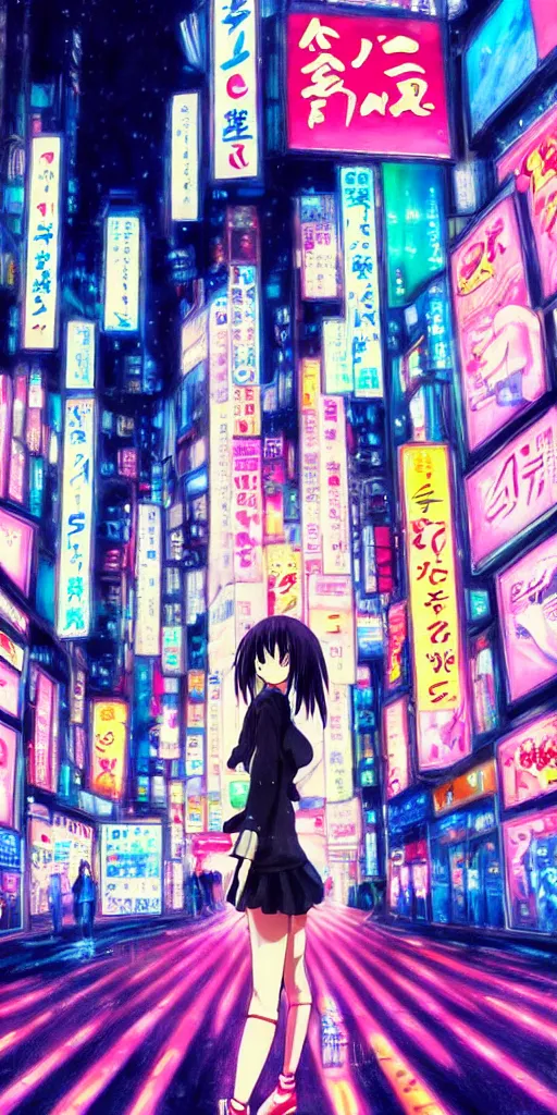 Image similar to a realistic painting of an anime girl crossing a crowded street at night in the city of tokyo. Gorgeous colors and neon light. .