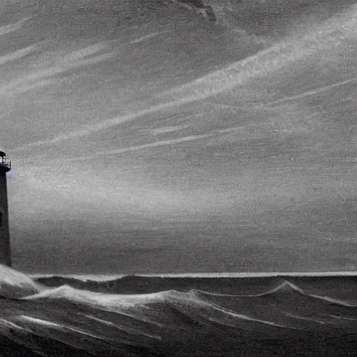 Image similar to an engraving of a storm battering a lighthouse by edward hopper