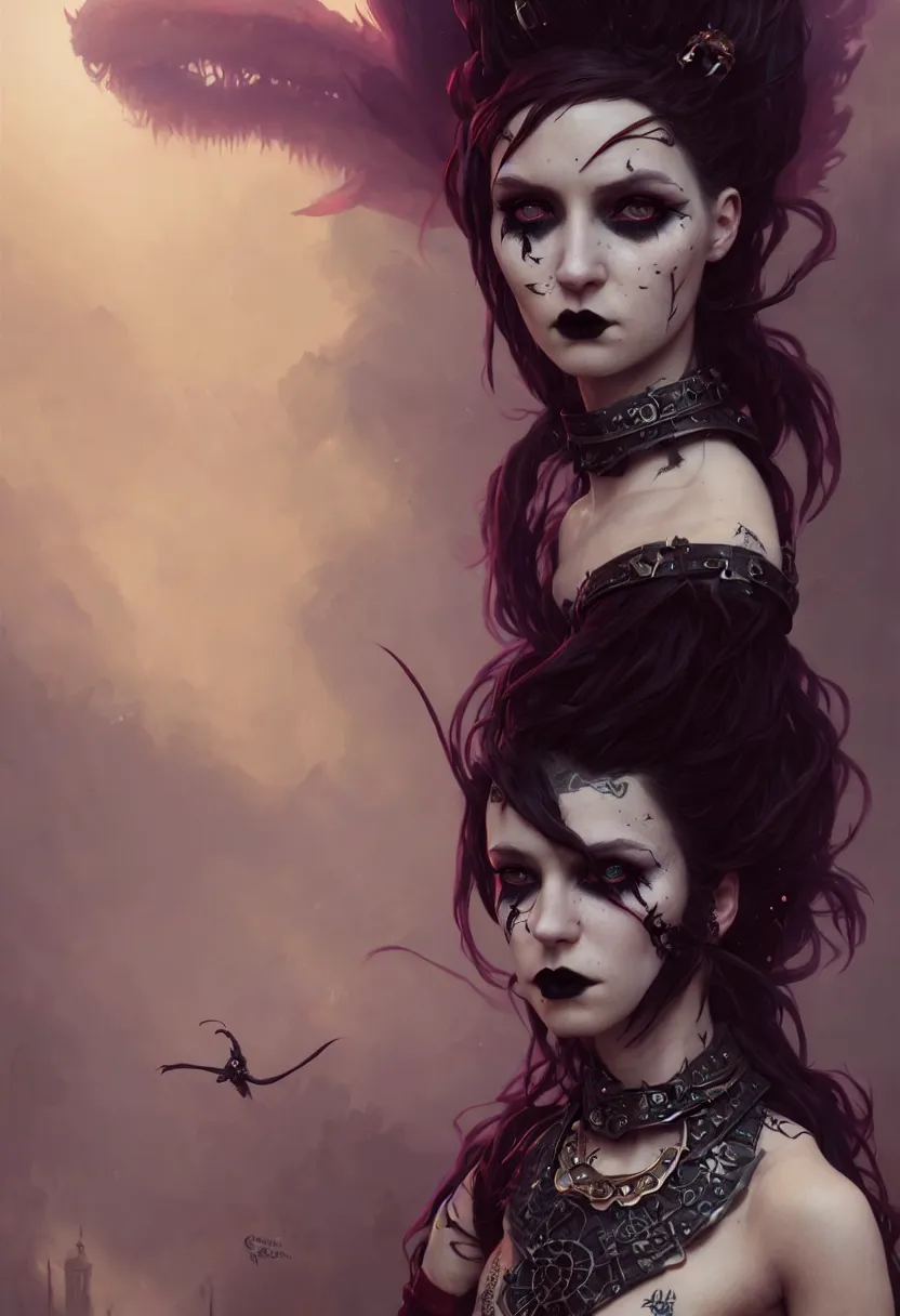 Image similar to beautiful very extreme closeup portrait, goth girl, piercings collar, mohawk hairstyle, medieval dress. witch, makeup. unreal engine, greg rutkowski, loish, rhads, beeple, tom bagshaw, alphonse mucha, global illumination, detailed and intricate environment