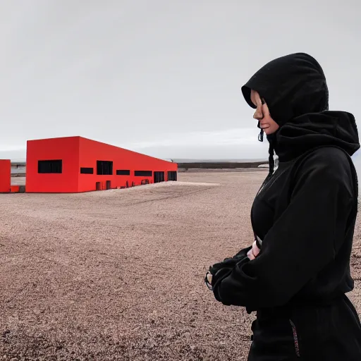 Image similar to photograph of 2 women wearing black techwear in front of a brutalist sharp - edged metal building, on a desolate plain, red eerie sky, sigma 8 5 mm f / 1. 4, 4 k, depth of field, high resolution, 4 k, 8 k, hd, full color