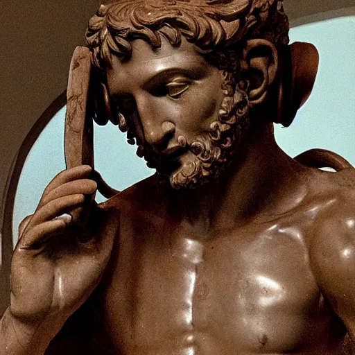 Prompt: A photo of Michelangelo’s sculpture of David wearing headphones DJing, 4K