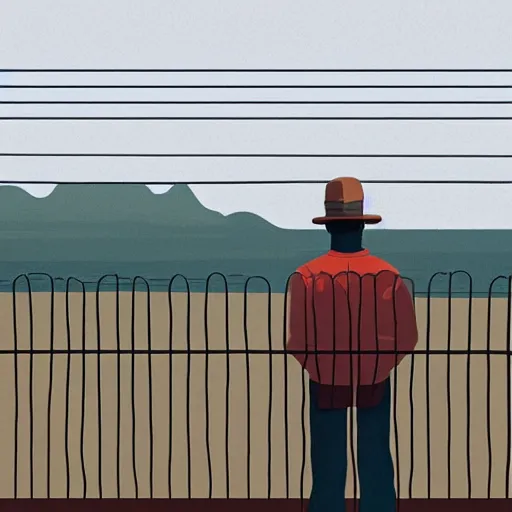 Image similar to a matte painting of a man standing in front of a wire fence by emiliano ponzi, james gilleard