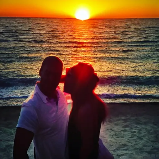 Image similar to Cthulhu photobombing a romantic selfie on a beach sunset