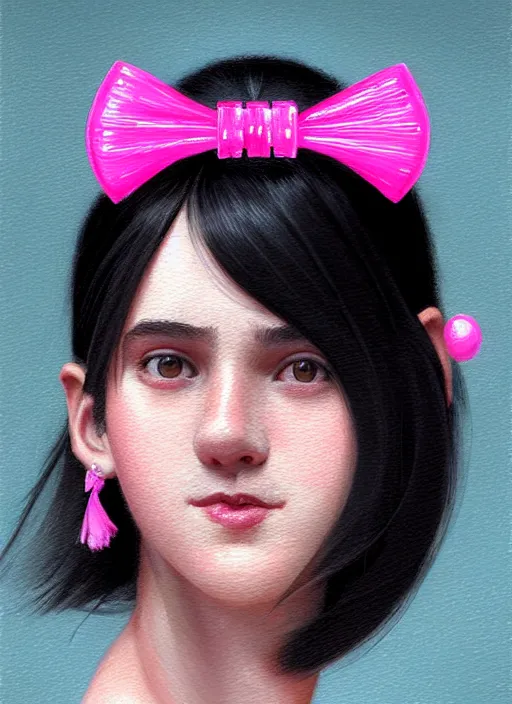 Image similar to portrait of teenage girl, realistic, black hair, bangs, half updo hairstyle, pointy nose, skinny, smile, ugly, defined jawline, big chin, pink hair bow, earrings, intricate, elegant, glowing lights, highly detailed, digital painting, artstation, sharp focus, illustration, art by wlop, mars ravelo and greg rutkowski