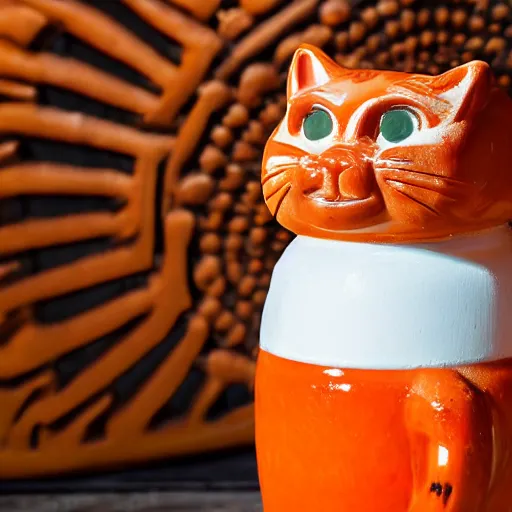 Image similar to a closeup photorealistic photograph of a glossy orange cat garfield style tiki mug sitting at a trader vic's beach bar featuring garfield's face. tiki theme. bright scene. fine detail. this 4 k hd image is trending on artstation, featured on behance, well - rendered, extra crisp, features intricate detail, epic composition and the style of unreal engine.