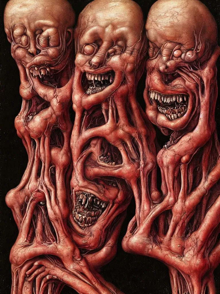 Prompt: siamese twins made of veins, looking into camera, laughing, by giuseppe arcimboldo and ambrosius benson, renaissance, intricate and intense oil paint, a touch of beksinski and hr giger and edward munch, realistic