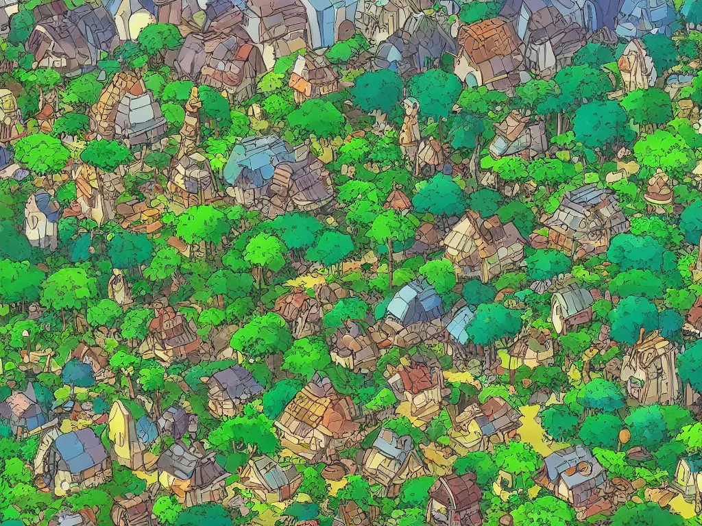 Image similar to a microscopic village in the deep jungle, studio ghibli, anime, flat colors, 8 k wallpaper, trending on artstation