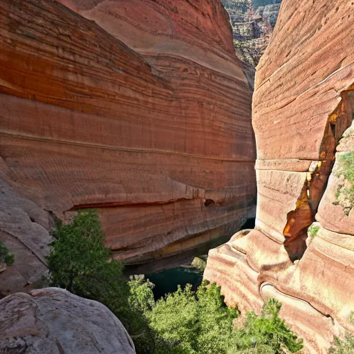 Image similar to A humongous canyon with temples etched into the walls of the canyon.