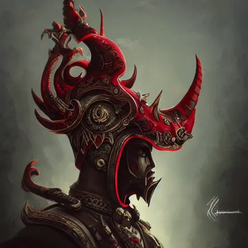 Prompt: An ornate front facing helm with large horns, Black steel with red trim, engulfed in blood red energy, intricate, elegant, highly detailed, digital painting, artstation, concept art, smooth, sharp focus, illustration, art by anato Finnstark and Peter mohrbacher,