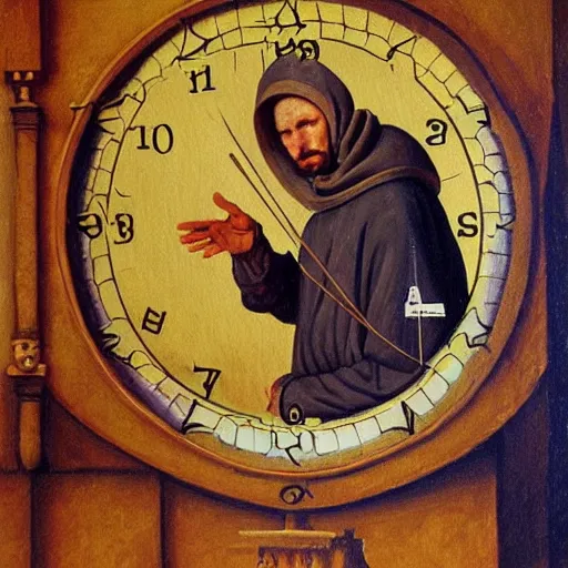 Prompt: medieval monk maintaining an enormous, complex, mechanical clock, oil painting, warm lighting, realistic, trending on artstation