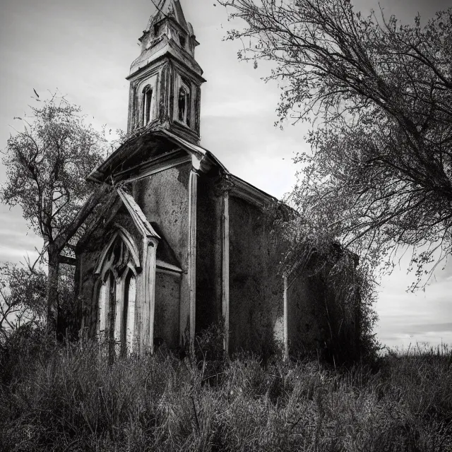 Prompt: abandoned church with overgrown vegetation, vintage infrared photograph