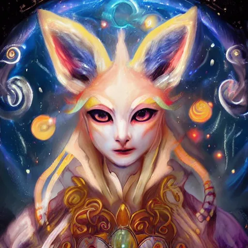 Image similar to a painted avatar portrait of an awesome cosmic powerful humanoid kitsune fox mage themed around life and death and the stars and the cosmos and dressed in elegant elven mage robes, in the style of dnd beyond avatar portraits, beautiful, artistic, elegant, lens flare, magical, lens flare, nature, realism, stylized, art by jeff easley