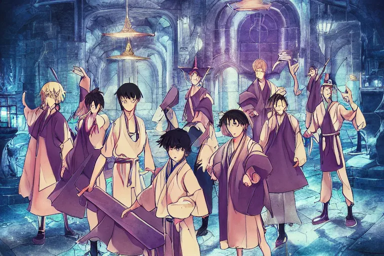 Image similar to cell shaded anime key visual of a group apprentice wizards training in a magic dojo in the style of studio ghibli, moebius, ayami kojima, makoto shinkai, dramatic lighting, clean lines