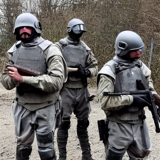 Image similar to British mercenaries wearing grey body armor with grey helmets smoking cigarettes in the aftermath of a bloody battle, photo by Adam Ferguson, Pulitzer Winning, cinematic composition, breathtaking, modern, 2022