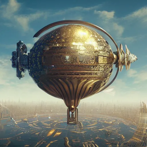 Image similar to enormous flying city in a faberge egg, sky, steampunk, fantasy art, masterpiece, hugh ferriss, octane render