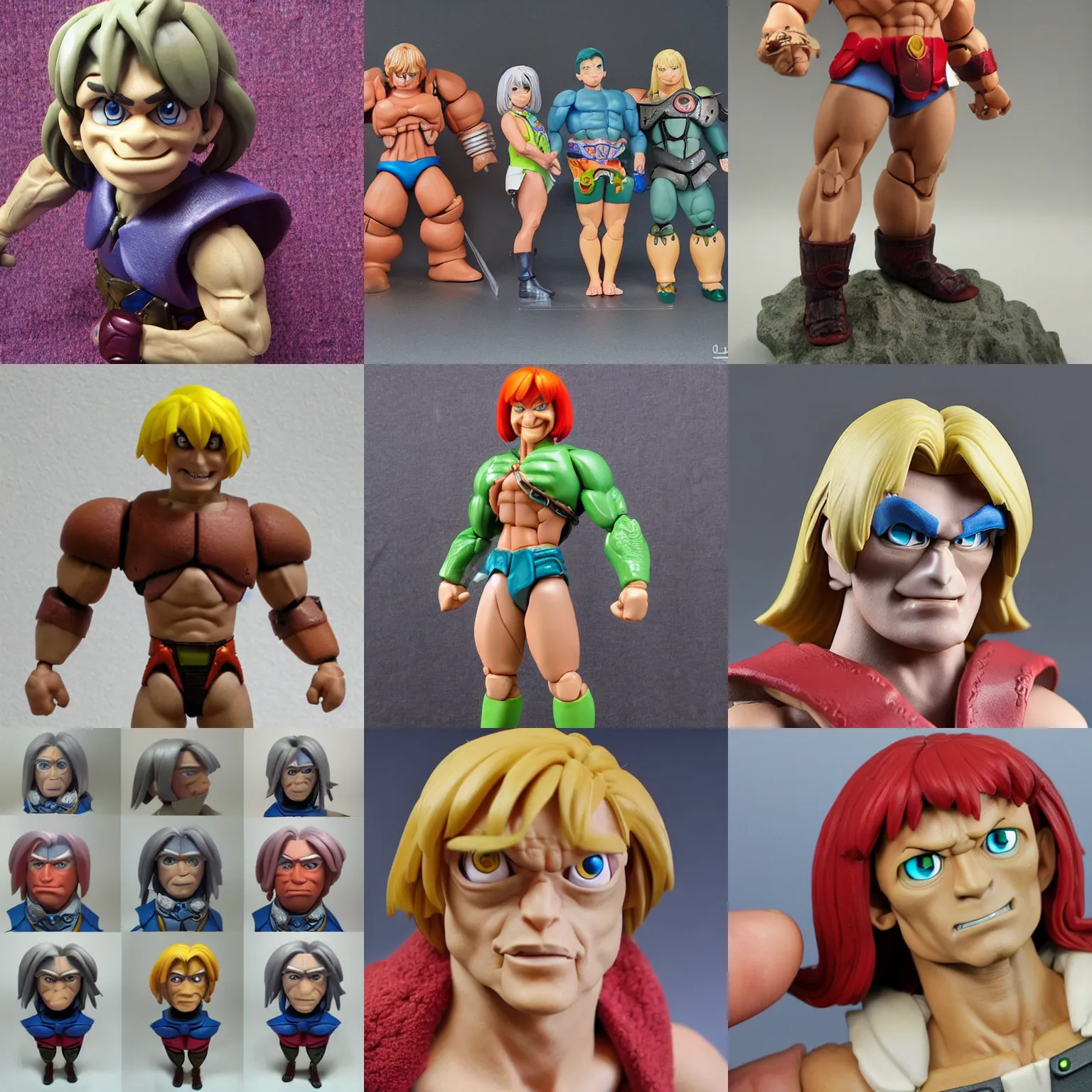 Prompt: manga, real he-man by mattel!! clay! close detailed sculpted head , style: claymation puppet kids clay , by guldies