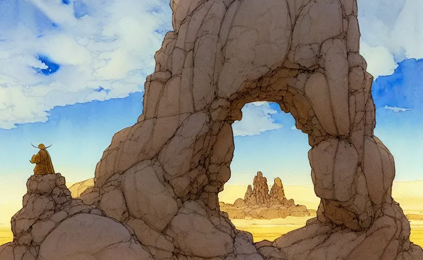 Prompt: a hyperrealist watercolour concept art of a large rock formation dimensional portal in the sky. a medieval monk in grey robes is kneeling in prayer below it on a desert road. by rebecca guay, michael kaluta, charles vess and jean moebius giraud. high detail, hq, wide shot
