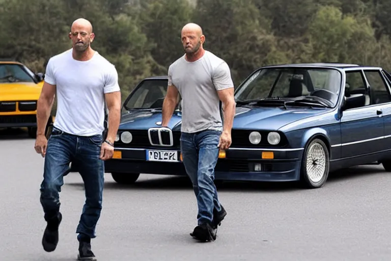 Prompt: giant Jason Statham picks up a BMW e30