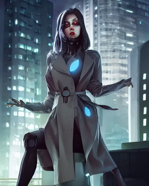 Image similar to photorealistic beautiful half cyborg woman by Artgerm and NeoArtCorE with a mischievous look, the half cyborg woman is wearing a long trench coat, in a night rooftop scene by Liam Wong