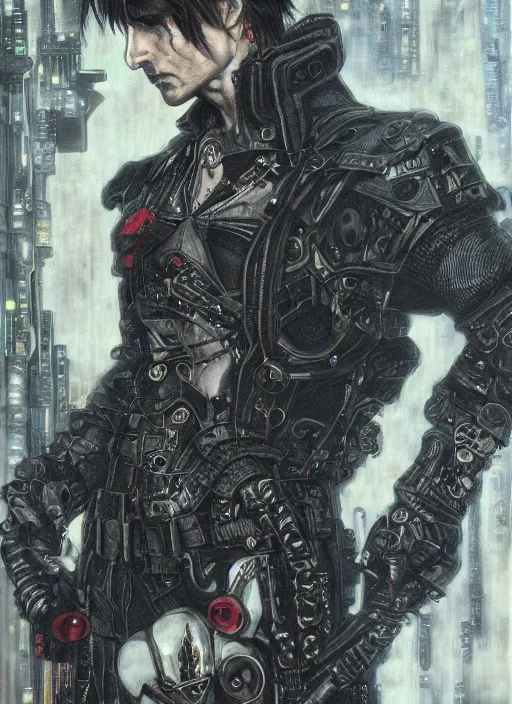 Image similar to portrait of gothic Tom Cruise, cyberpunk, Warhammer, highly detailed, artstation, illustration, art by Gustav Klimt and Range Murata and Katsuya Terada