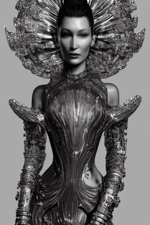 Prompt: a highly detailed medium shot 4 k render of an alien goddess bella hadid in iris van herpen dress schiaparelli armor in diamonds and lots of jewelry in style of alphonse mucha trending on artstation made in unreal engine 4