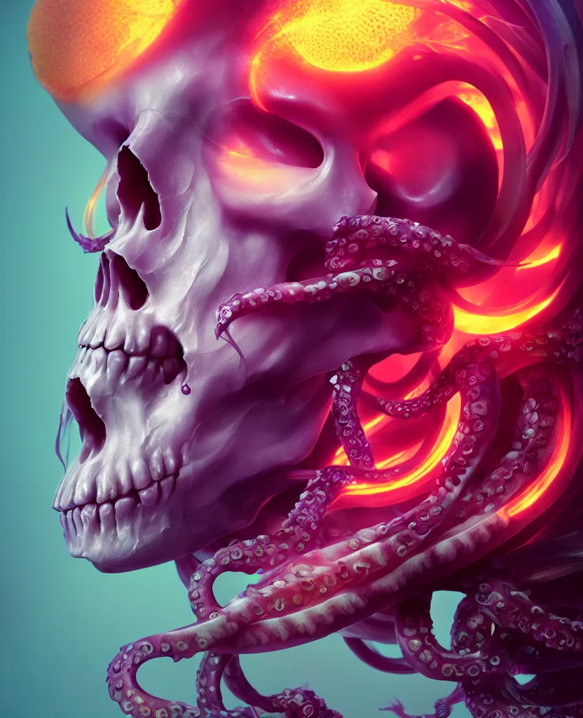 Image similar to goddess close - up portrait human skull, ram skull, squid phoenix jellyfish, orchid, betta fish, bioluminiscent, intricate artwork by tooth wu and wlop and beeple. octane render, trending on artstation, greg rutkowski very coherent symmetrical artwork. cinematic, hyper realism, high detail, octane render, 8 k