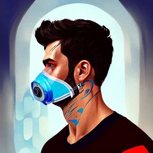 Prompt: a profile photo of a man with oxygen mask, side profile in underwater, highly detailed, digital painting, artstation, concept art, smooth, sharp focus, illustration by Sandra Chevrier